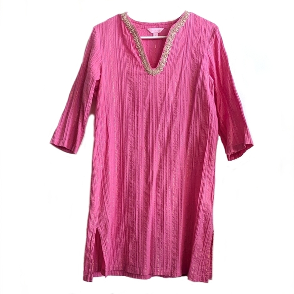 LILLY PULITZER Esme Lurex Crinkle Gold Stripe Pink Tunic Dress - Picture 1 of 6